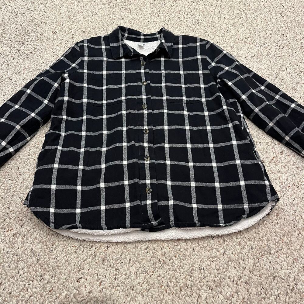 J Crew Sherpa Lined Shirt Jacket Women's Sz M Black Plaid Fall Cozy Cabincore